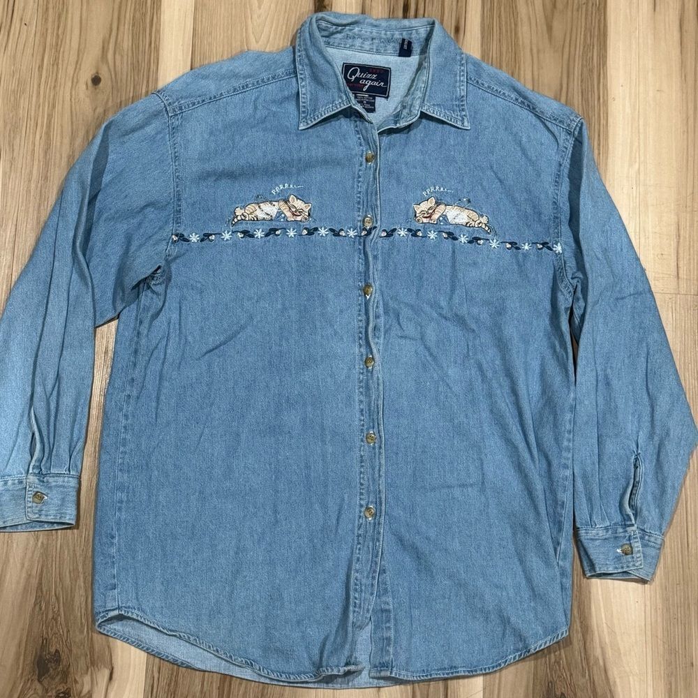 Let’s Quizz Again Embroidered Cat Button Up Shirt Vintage 90s Women’s Medium